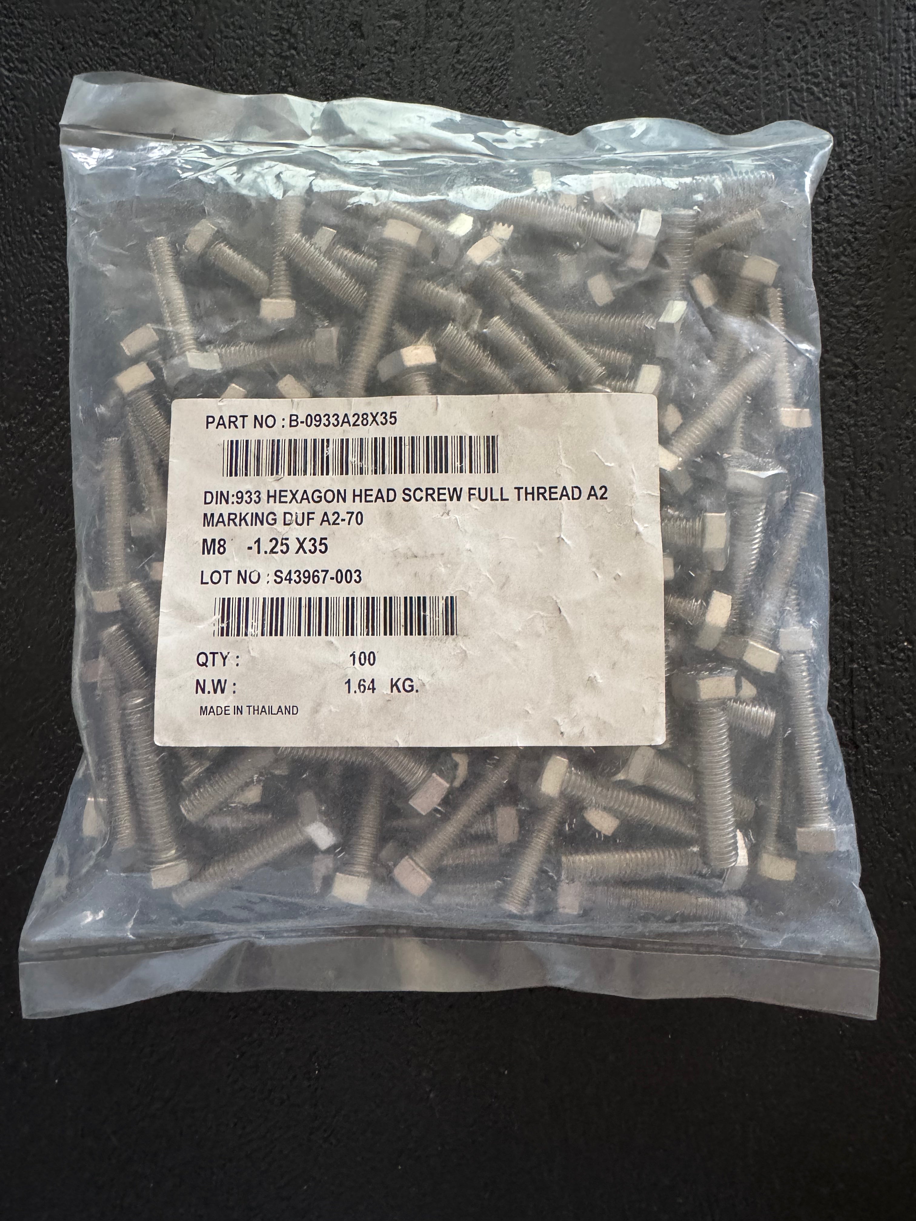 M8x1.25x35 933 Hexagon Head Screw Full Thread DUF A2-70