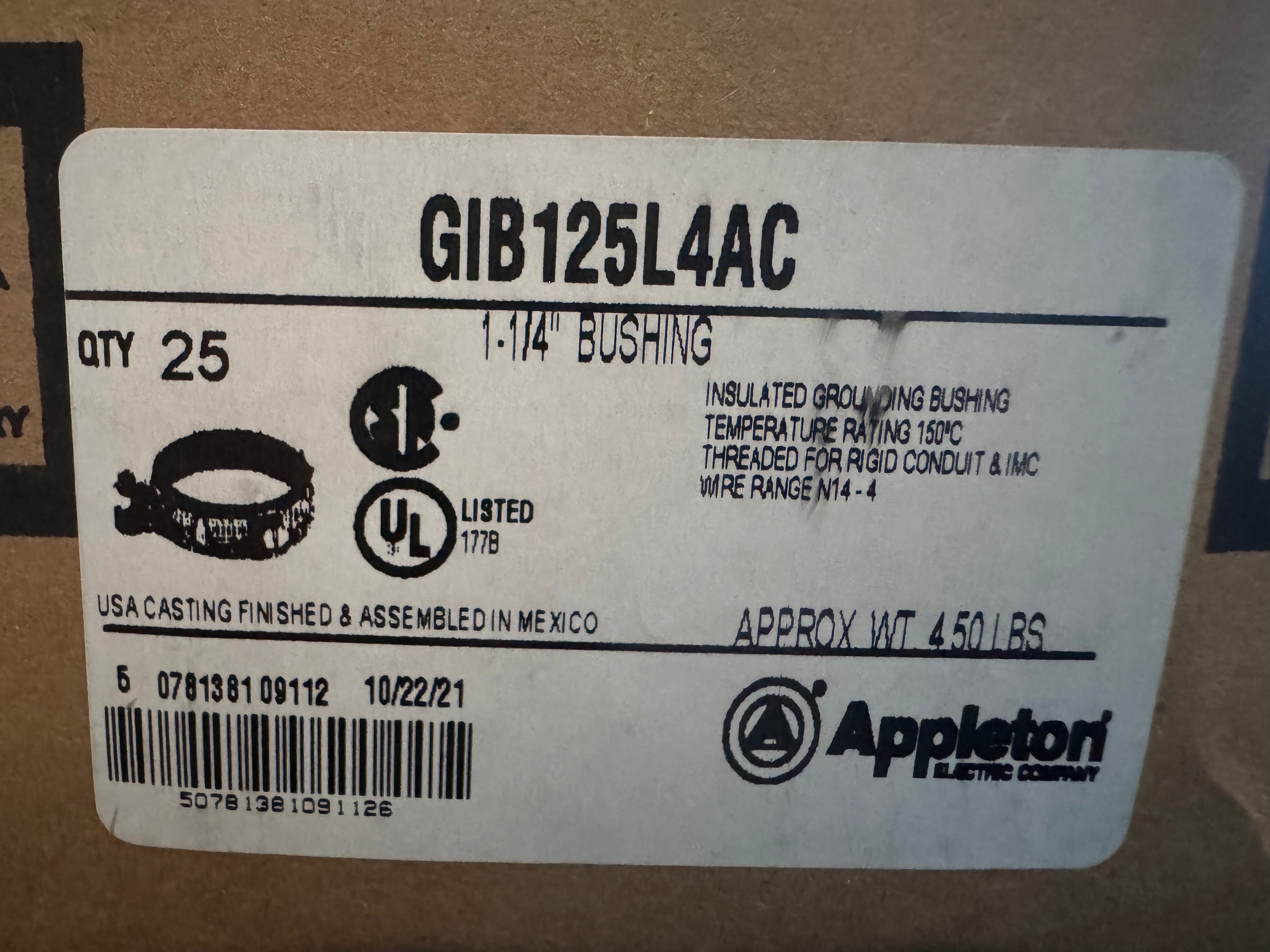 Box of 25 Appleton GIB-125L-4AC, Conduit Grounding Bushing, 1-1/4"