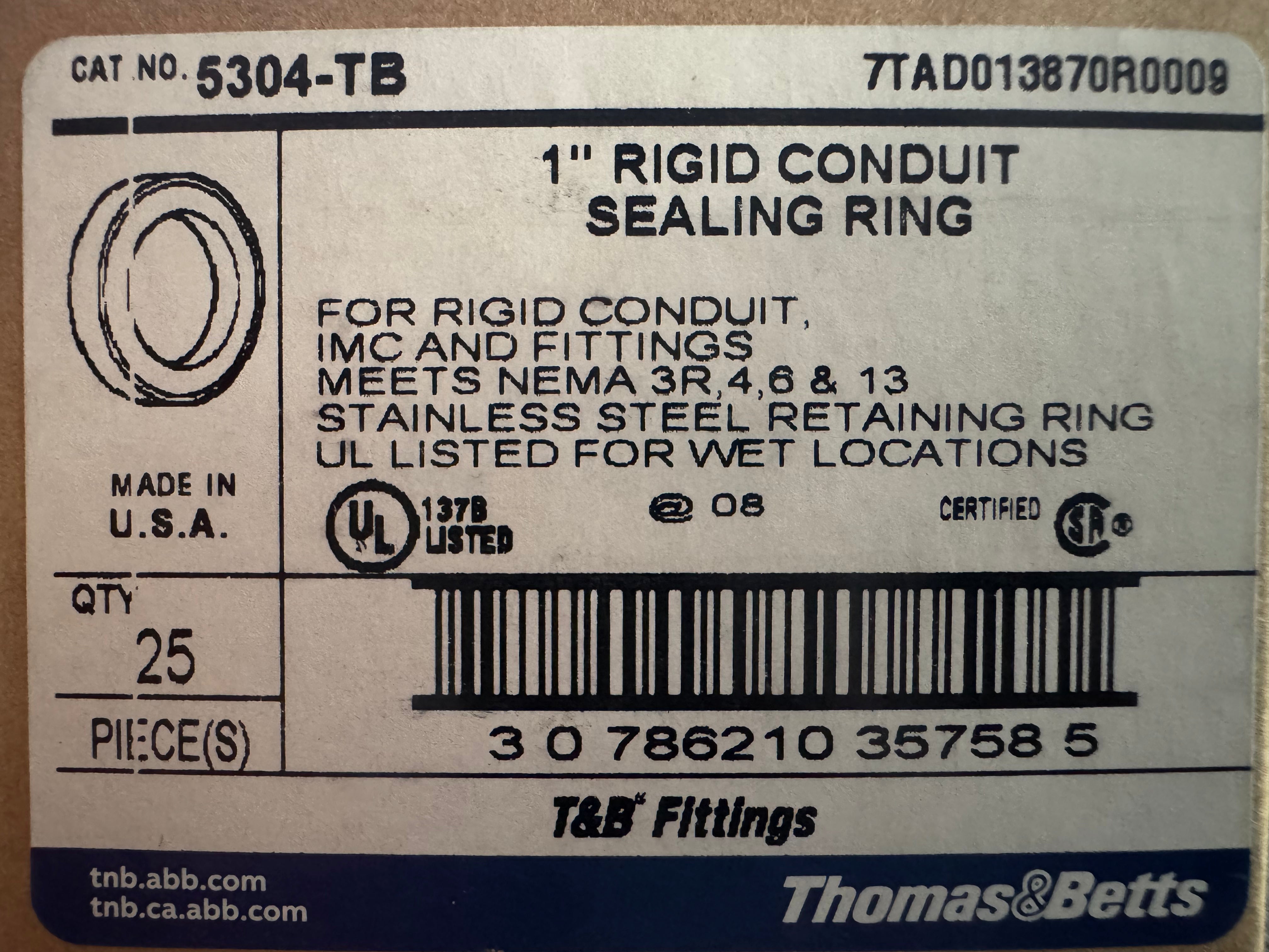 1.0" Rigid Conduit sealing ring, Thomas & Betts, Qty:25 Rings