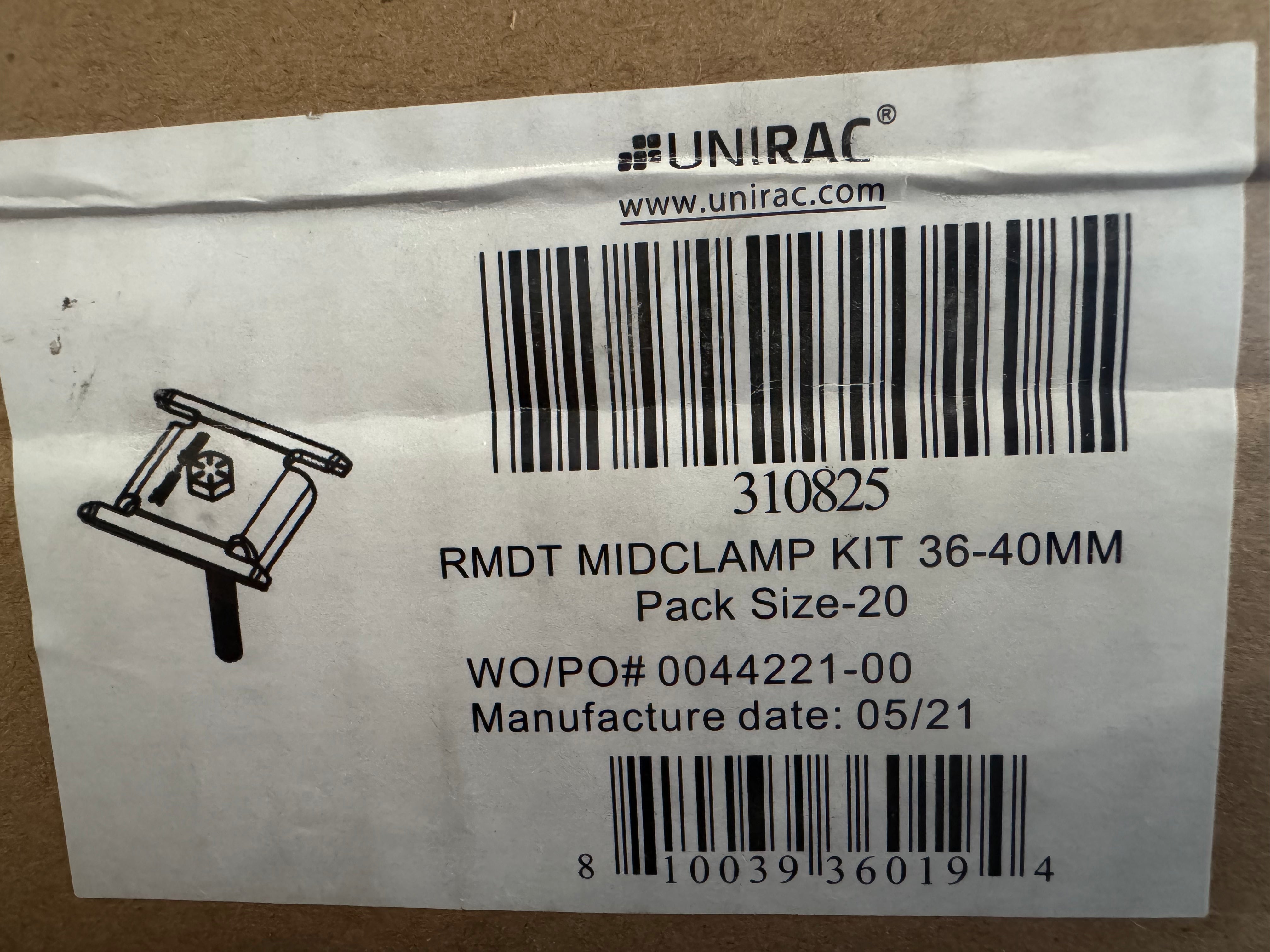 Unirac – 310825 RMDT, Solar Mid-Clamp, for 36-40mm (Box of 20)
